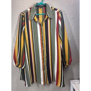 Sami & Jo Button Down Collared Striped Green Gold Womens Plus Size 2X